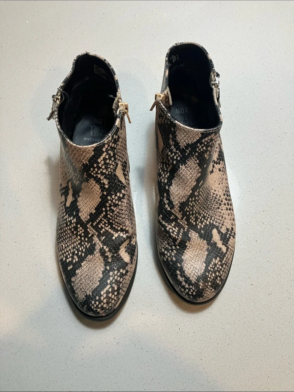 Time and Tru Snake-Print Ankle Booties in Tan and Black size 10W